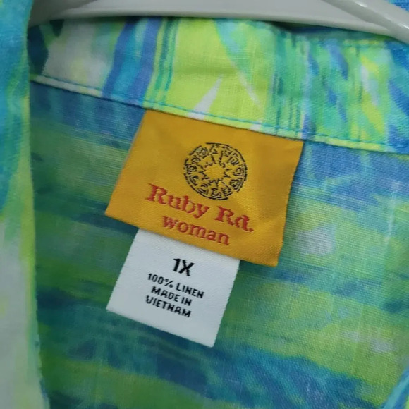 Ruby Rd. Women's Button-Up Shirt Size 1X Multicolor 100% Linen Roll Tab Sleeves - Picture 2 of 9